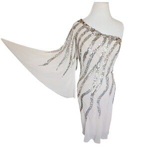 Alberto Makali Size 12 Cream One Shoulder Cocktail Dress Sequins Metallic‎ NWT